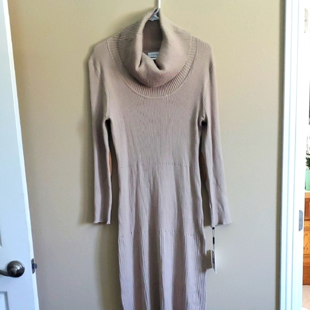 Calvin Klein Taupe Ribbed Knit Dress New